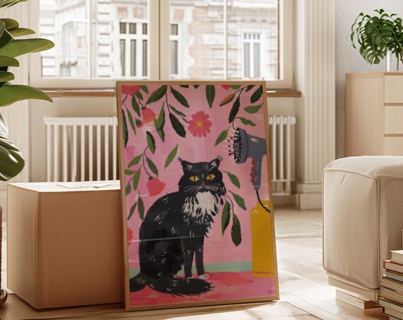 Wet Black Cat Eyeing A Blow Dryer Quirky Bath Time Humor Art Poster