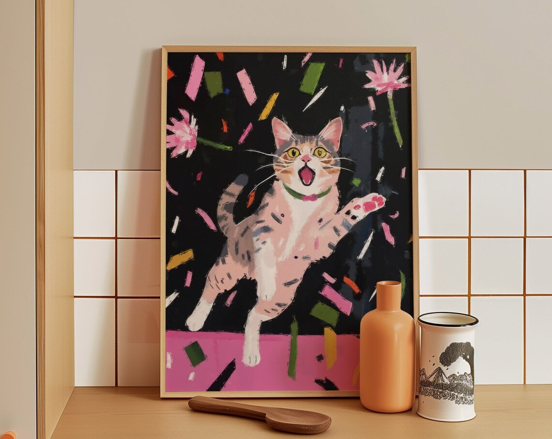Joyful Tabby Kitten Leaping Through Confetti And Flowers Party Art Poster