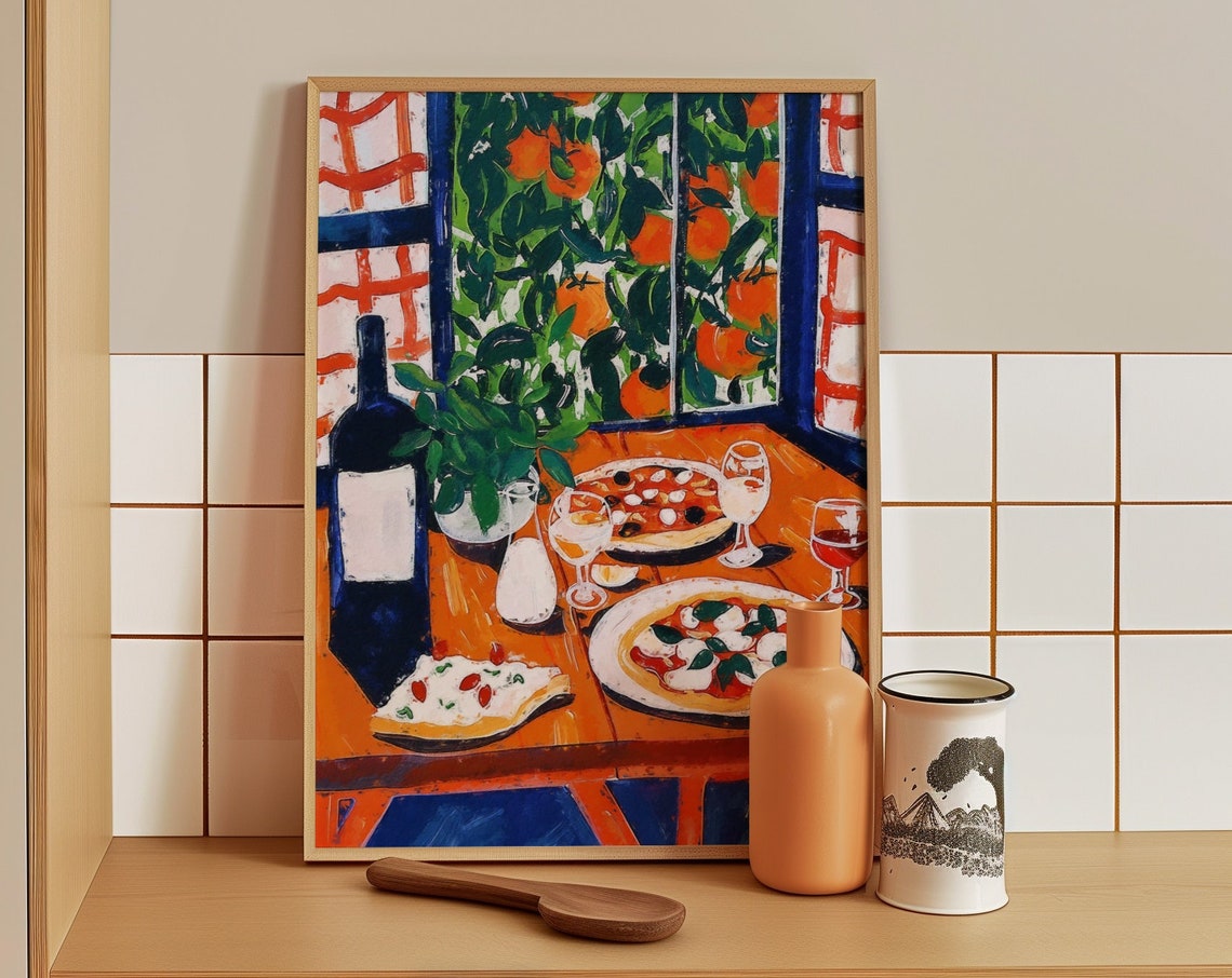 Italian Dinner Table Pizza Wine Painting Kitchen Food Poster