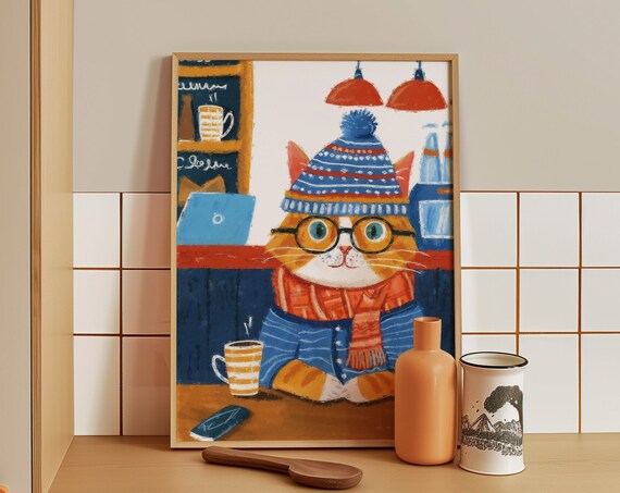 Cozy Cafe Ginger Cat in a Winter Hat Glasses and Scarf Poster