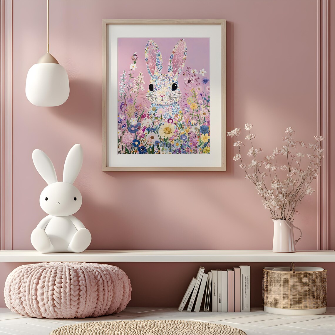 Floral Pattern Bunny Rabbit Wildflowers Pink Bloomcore Poster - Image 3