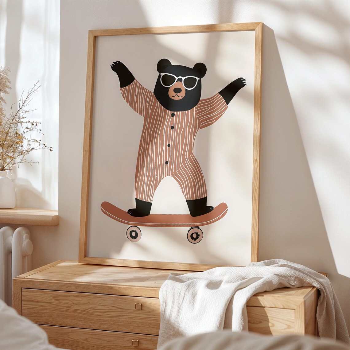 Bear in Striped Pajamas Skateboarding Fun Nursery Kids Poster - Image 4