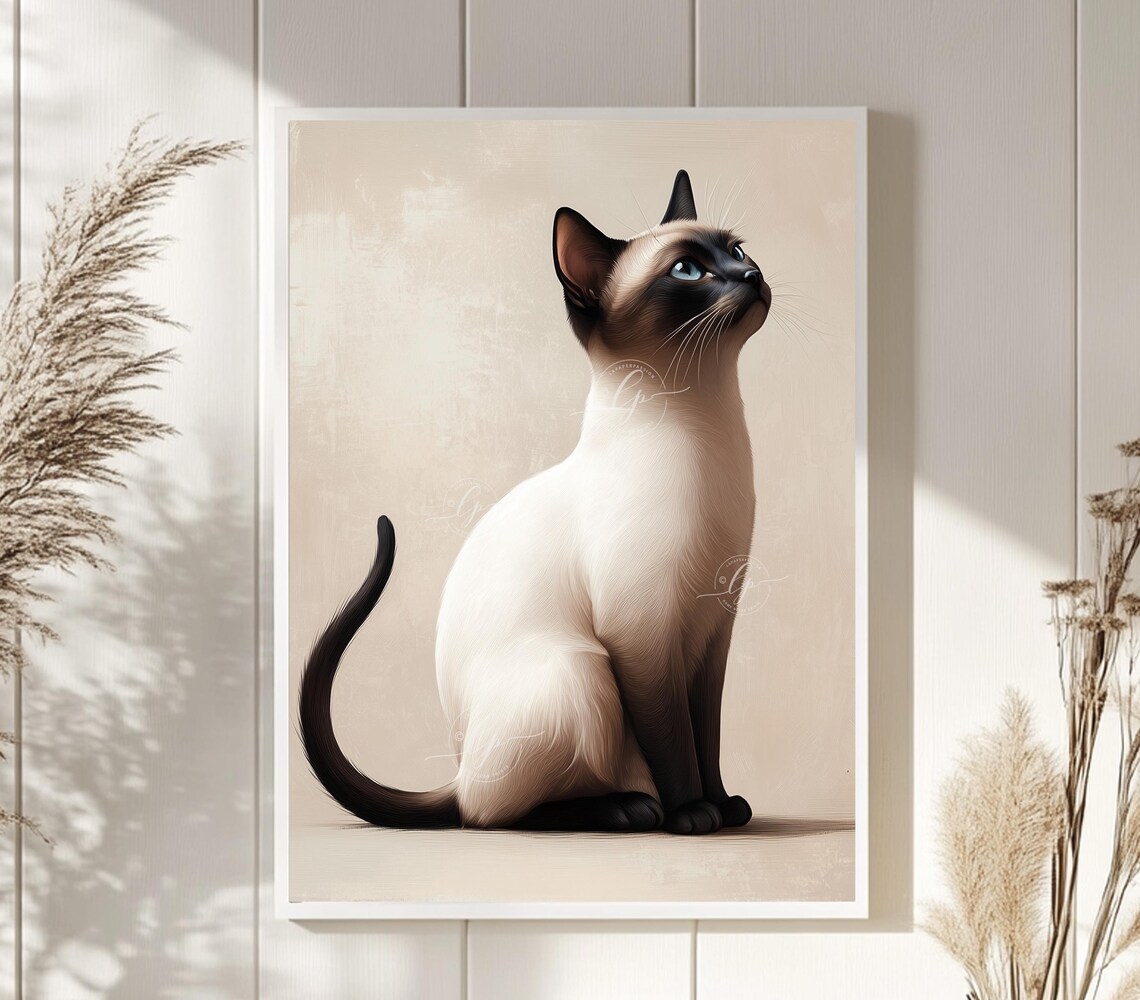 Siamese Cat Gazing Upward Minimalist Cream Beige Elegant Cat Poster - Image 5