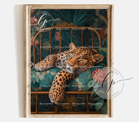 Sleeping Leopard On Vintage Brass Bed Jungle Maximalist Wall Art