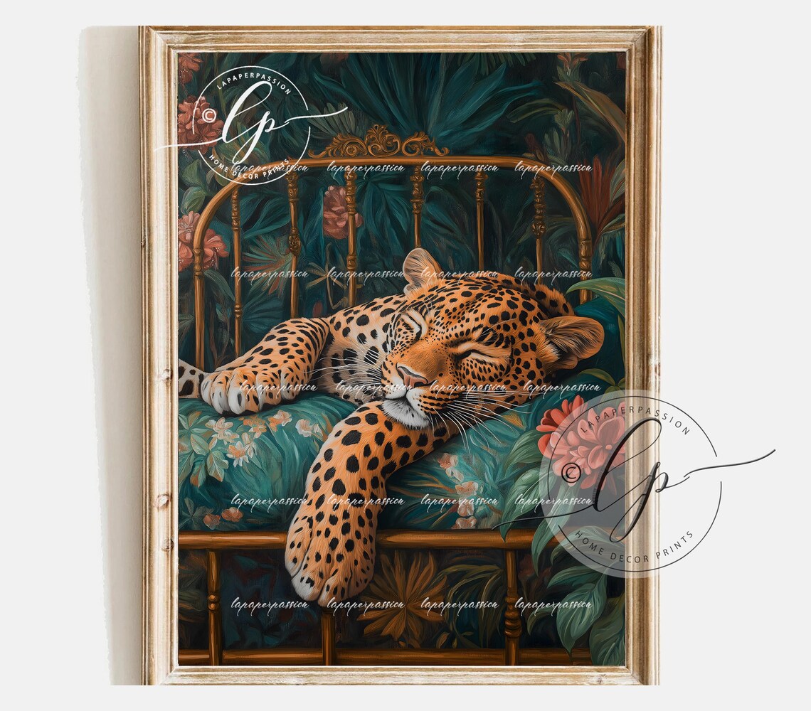 Sleeping Leopard On Vintage Brass Bed Jungle Maximalist Wall Art