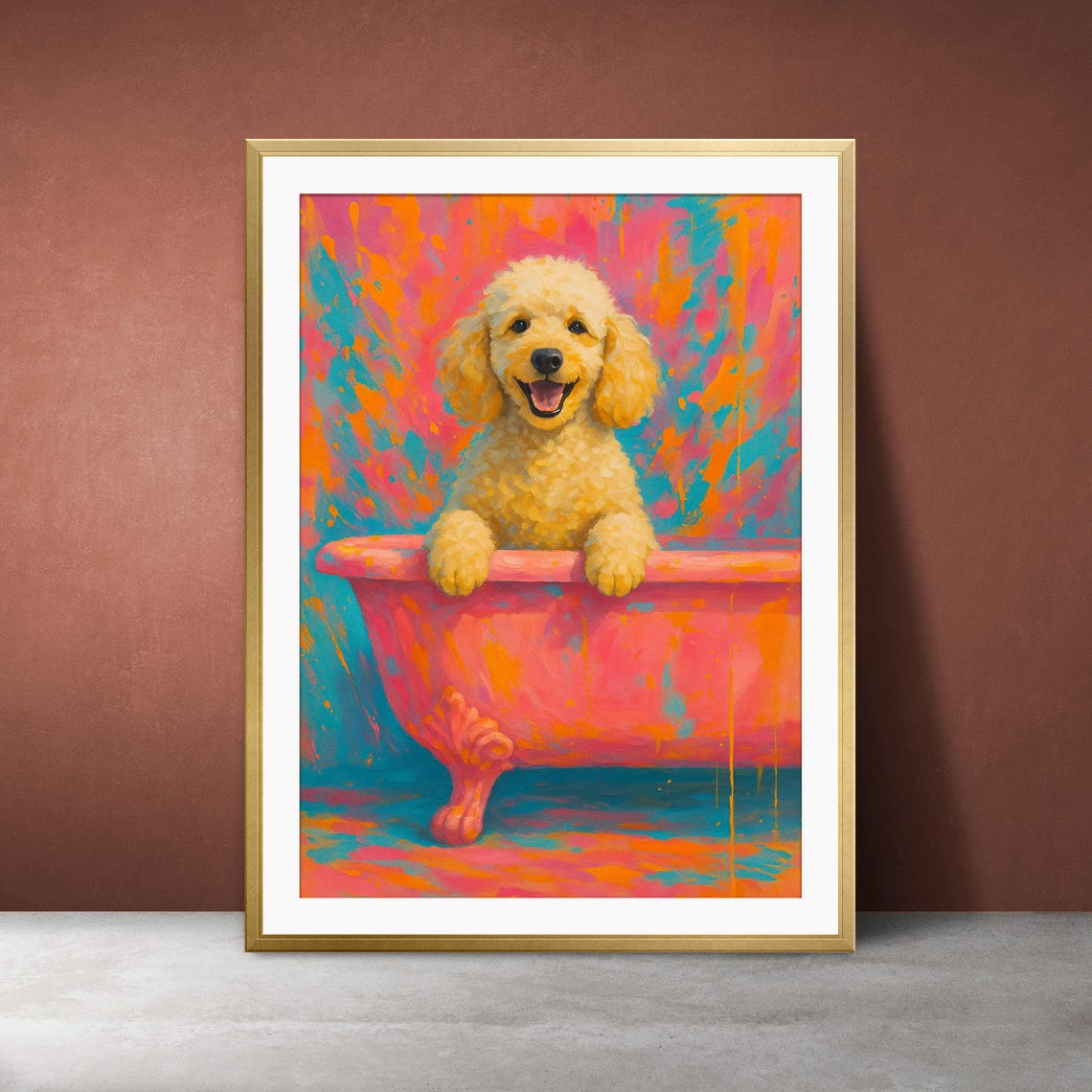 Poodle In Pink Bathtub Pop Art Colorful Happy Dog Bathroom Poster