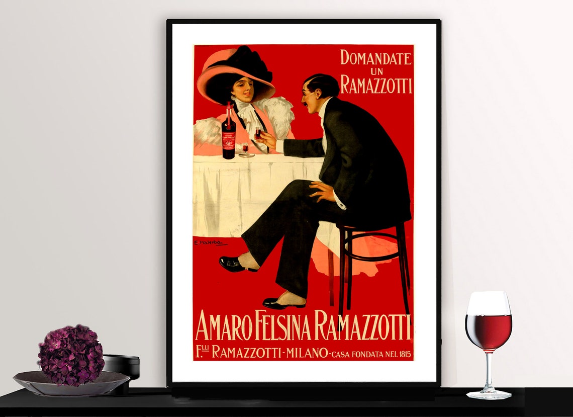 Amaro Felsina Ramazzotti Milan Cafe Couple Vintage Ad Poster