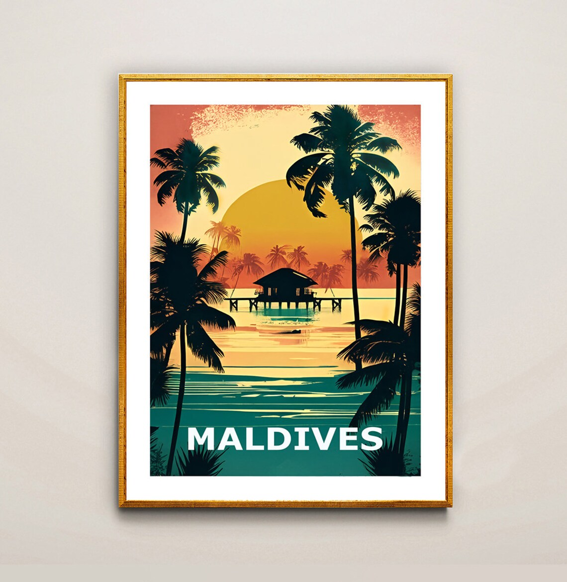 Maldives Beach Palm Trees and Bungalow Travel Poster