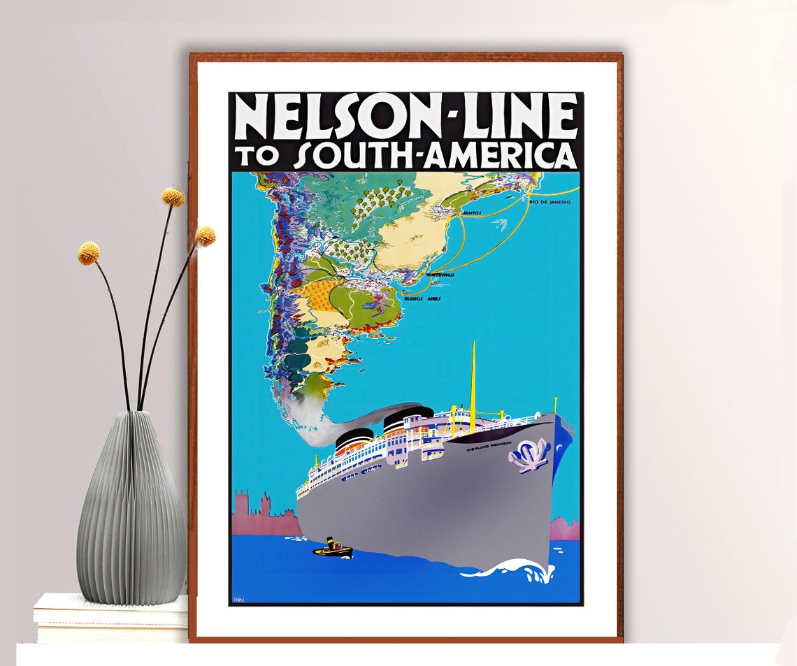 Nelson Line to South America Vintage Ocean Liner Route Map Poster