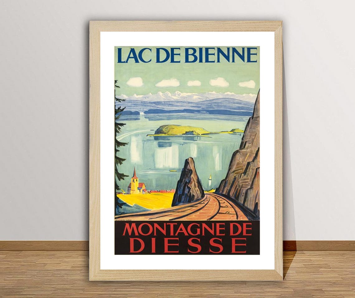 Lac De Bienne Montagne De Diesse Lake Train View Vintage Swiss Poster - Image 2