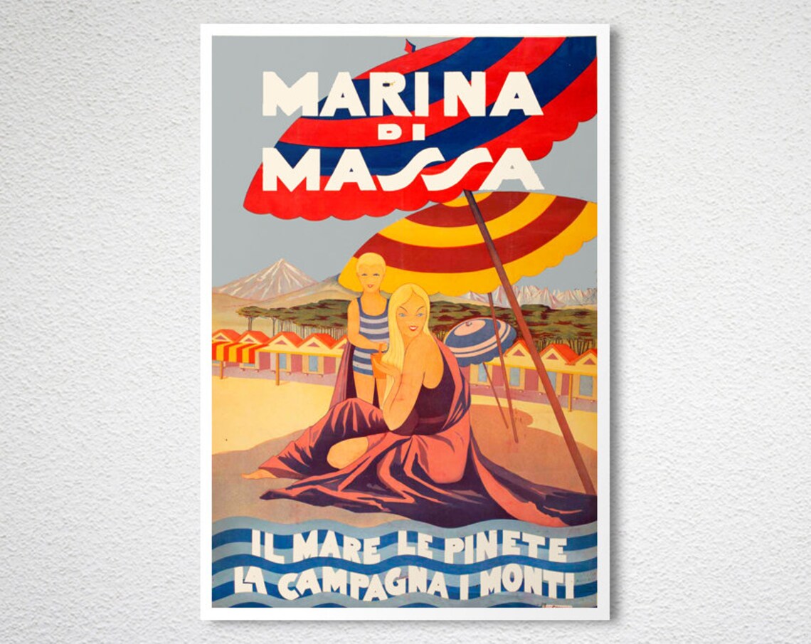 Marina Di Massa Italy Vintage Travel Poster Beach Umbrellas Artwork - Image 2