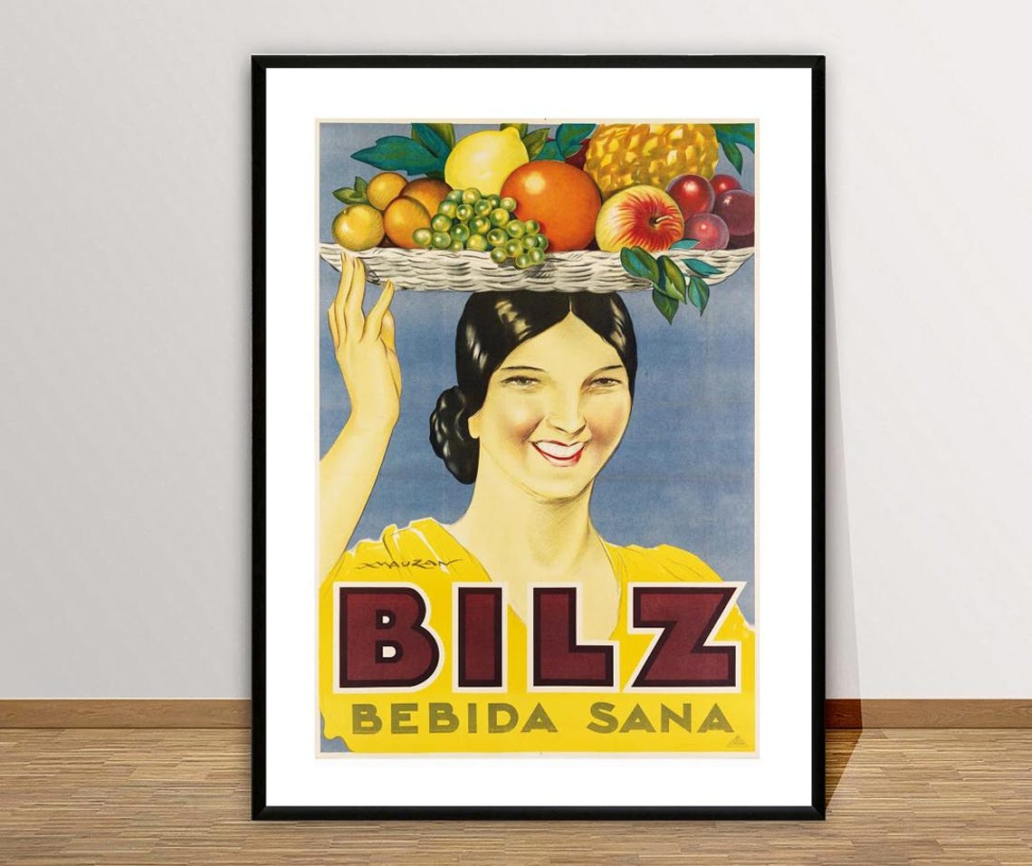 Bilz Bebida Sana Fruit Basket Lady Vintage Beverage Advertising Poster