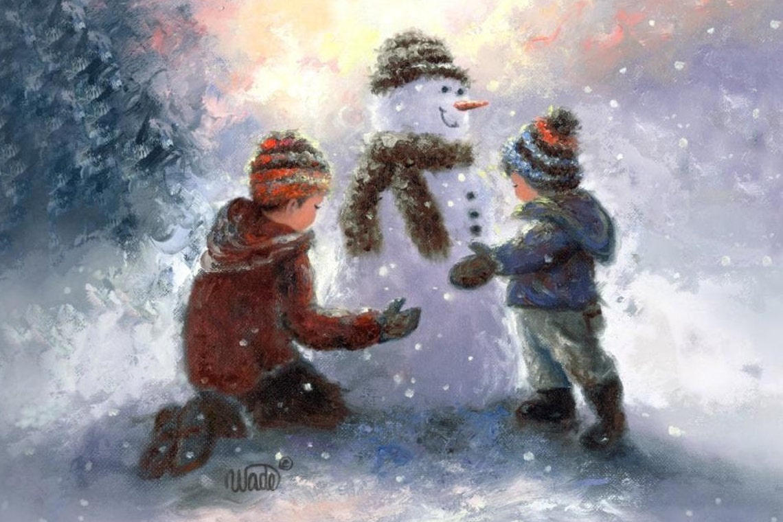 Two Brothers Building Their Snowman at Dusk in Winter Poster