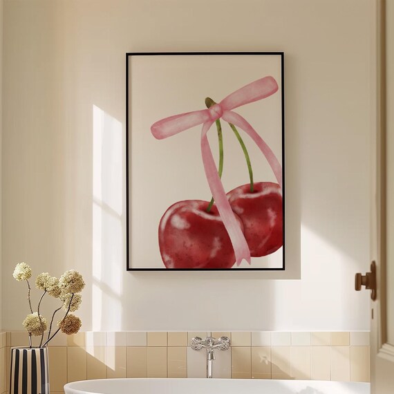Red Cherry Pink Bow Watercolor Coquette Kitchen Decor Wall Poster