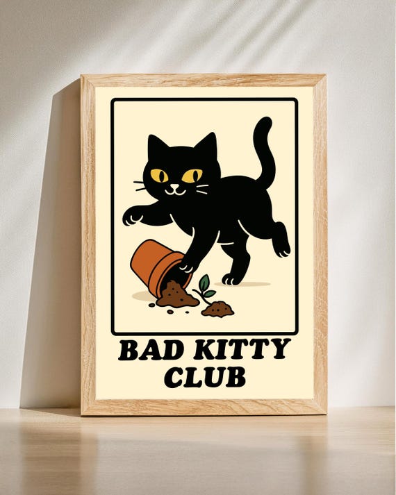 Bad Kitty Club Wall Art Funny Black Cat Poster Naughty Decor Lover Gift