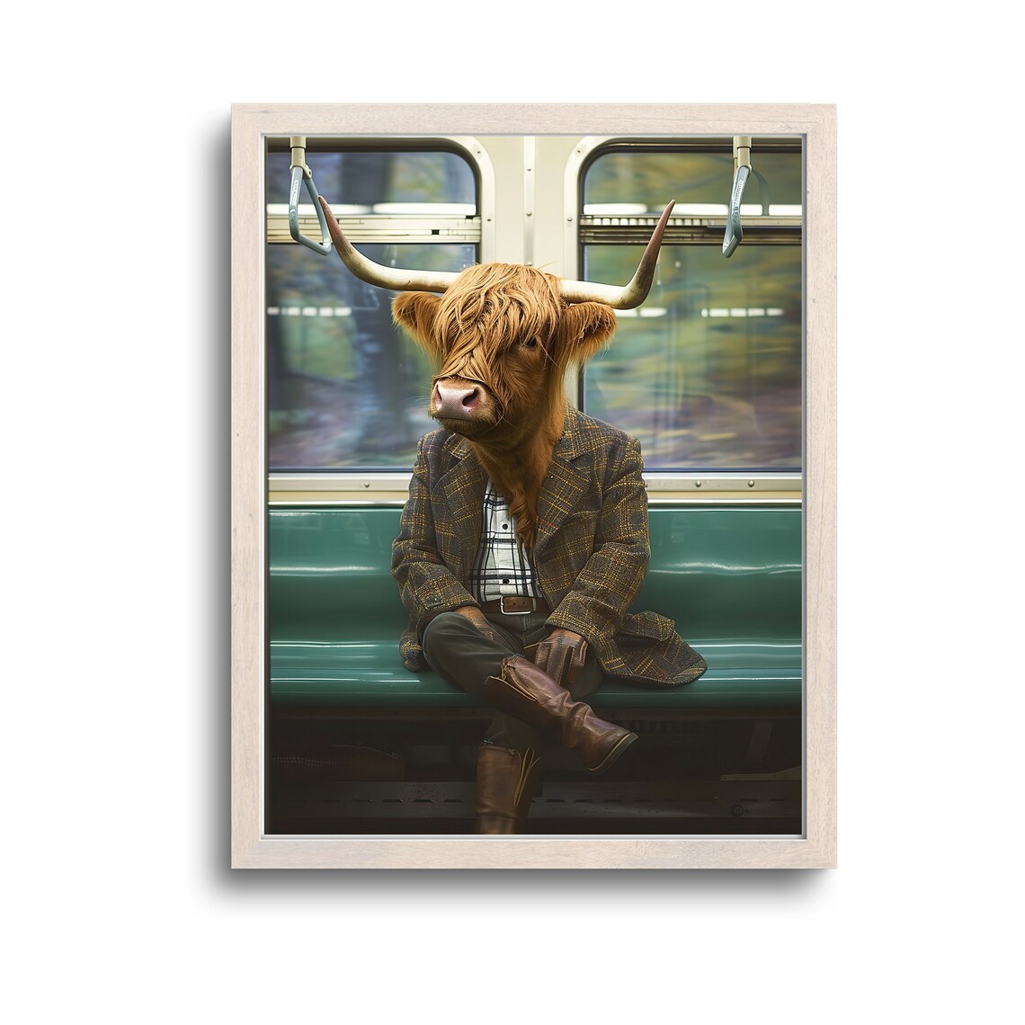 Highland Cow In NY Subway Suit Poster Whimsical Animal Cattle Humor Decor
