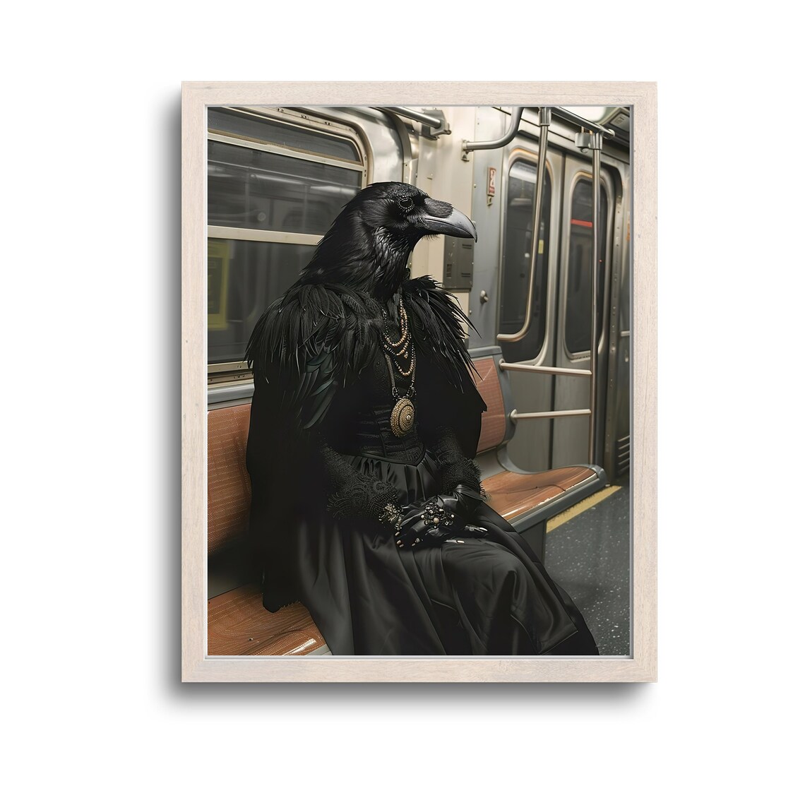 Crow In NY Subway, Whimsical Animal Art Print