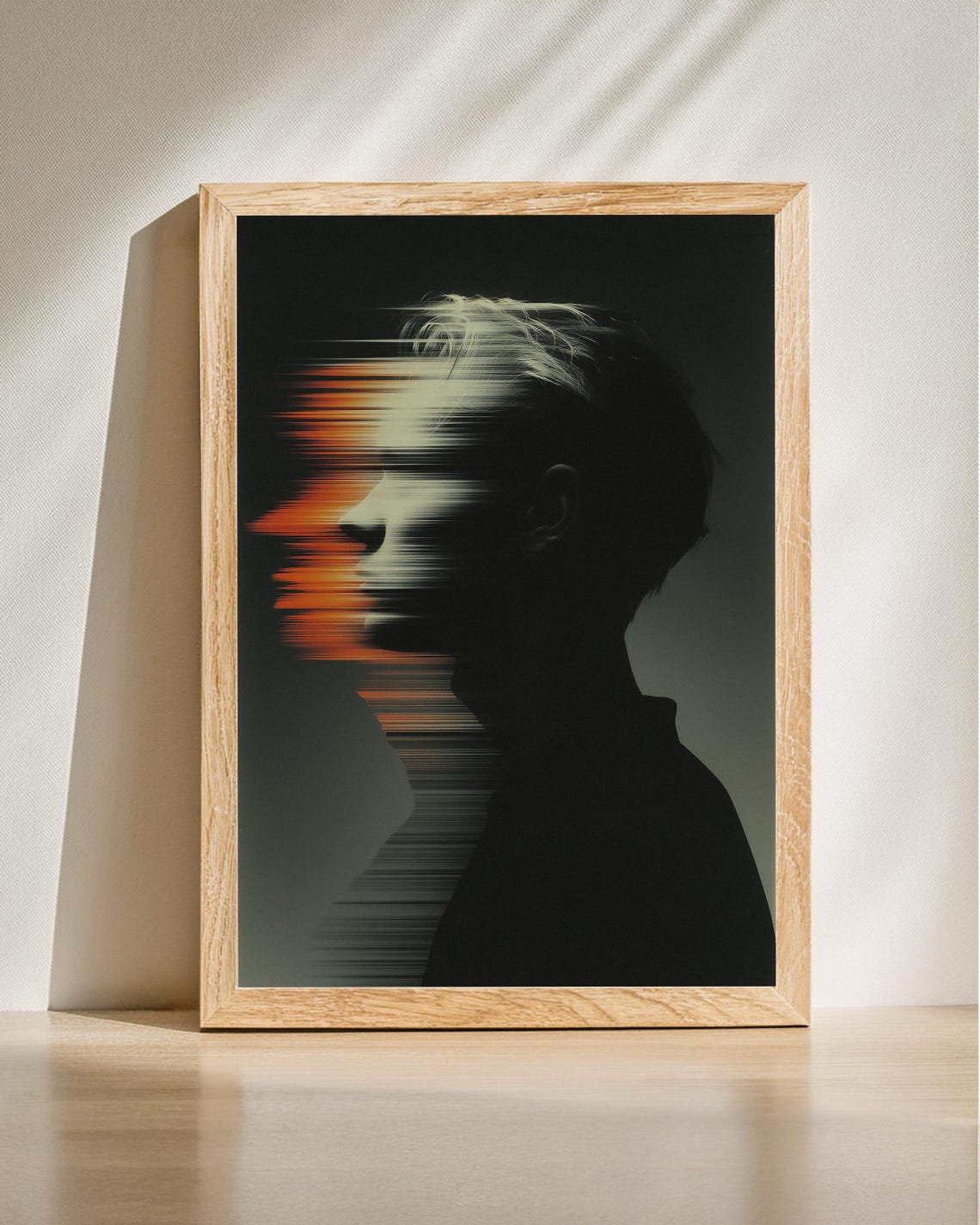 Glitch Portrait Silhouette Orange Scan Lines Modern Wall Art