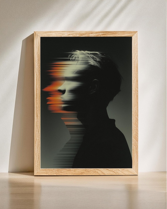 Glitch Portrait Silhouette Orange Scan Lines Modern Wall Art