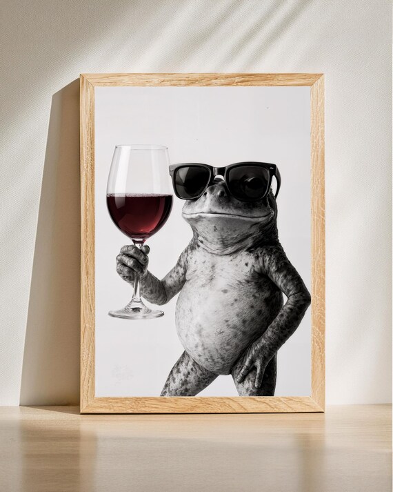 Cool Frog Sunglasses Red Wine Glass Funny Kitchen Decor Poster