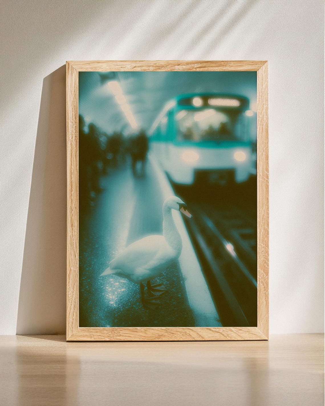 White Swan on Night Train Platform Surreal Teal Photography Art Poster