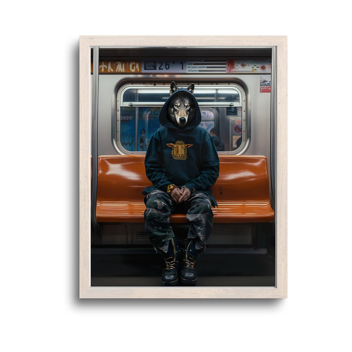 Anthropomorphic Wolf In Streetwear Hoodie On NYC Subway Poster