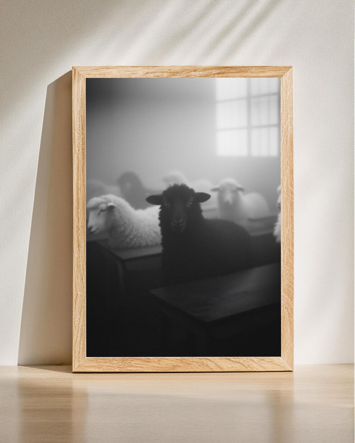 Black Sheep Standing Out in Fog Moody Black and White Photo Poster