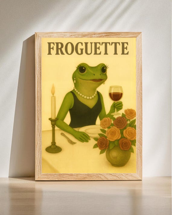 Elegant Frog Lady Portrait Vintage Style Anthropomorphic Animal Art Whimsical Dining Decor