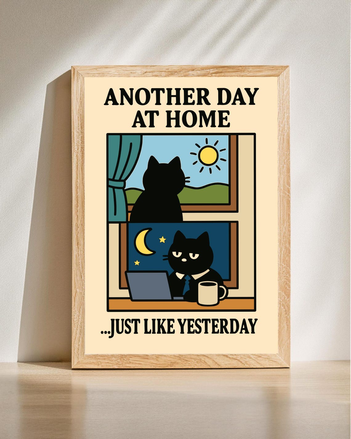 Another Day At Home Black Cat Laptop Night Window Funny Poster
