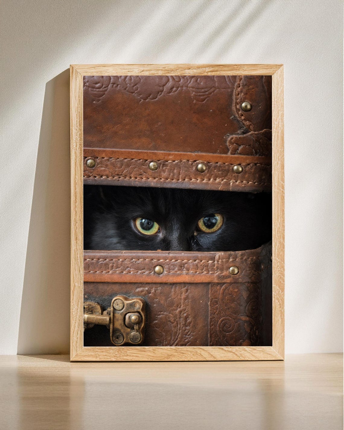Mysterious Black Cat Eyes Peeking From Vintage Leather Trunk Poster