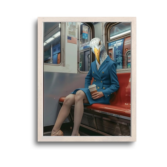 Seagull Head Businesswoman on Subway Surreal Funny Animal Poster