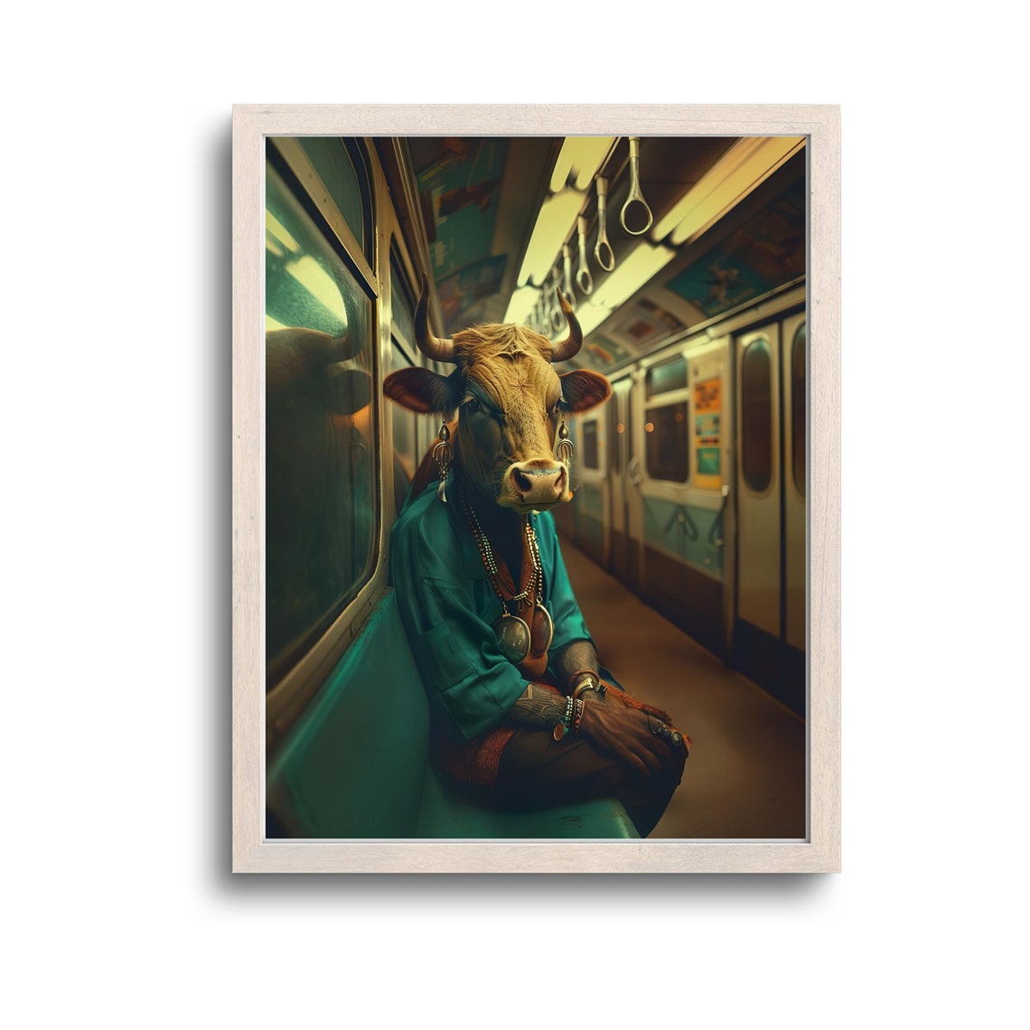 Cow Head Commuter Riding Subway Surreal Bohemian Photo Poster