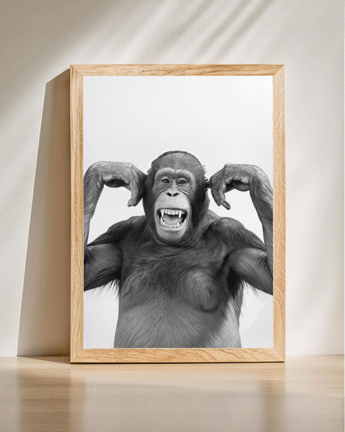 Cheeky Chimp Monkey Grinning Funny Black And White Photo Poster