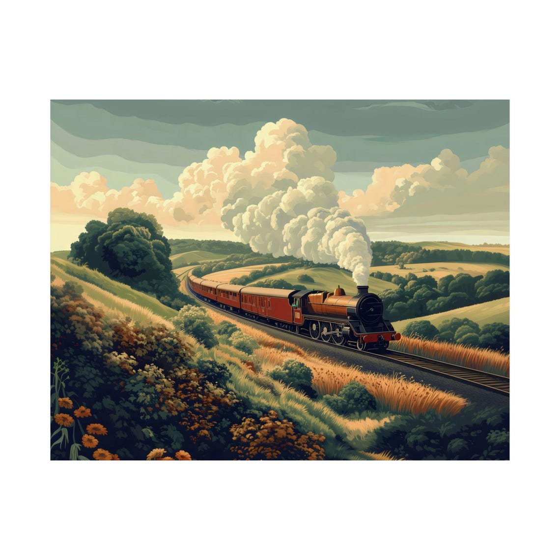 Vintage Steam Train Crossing Rolling Green Countryside Hills Poster - Image 3