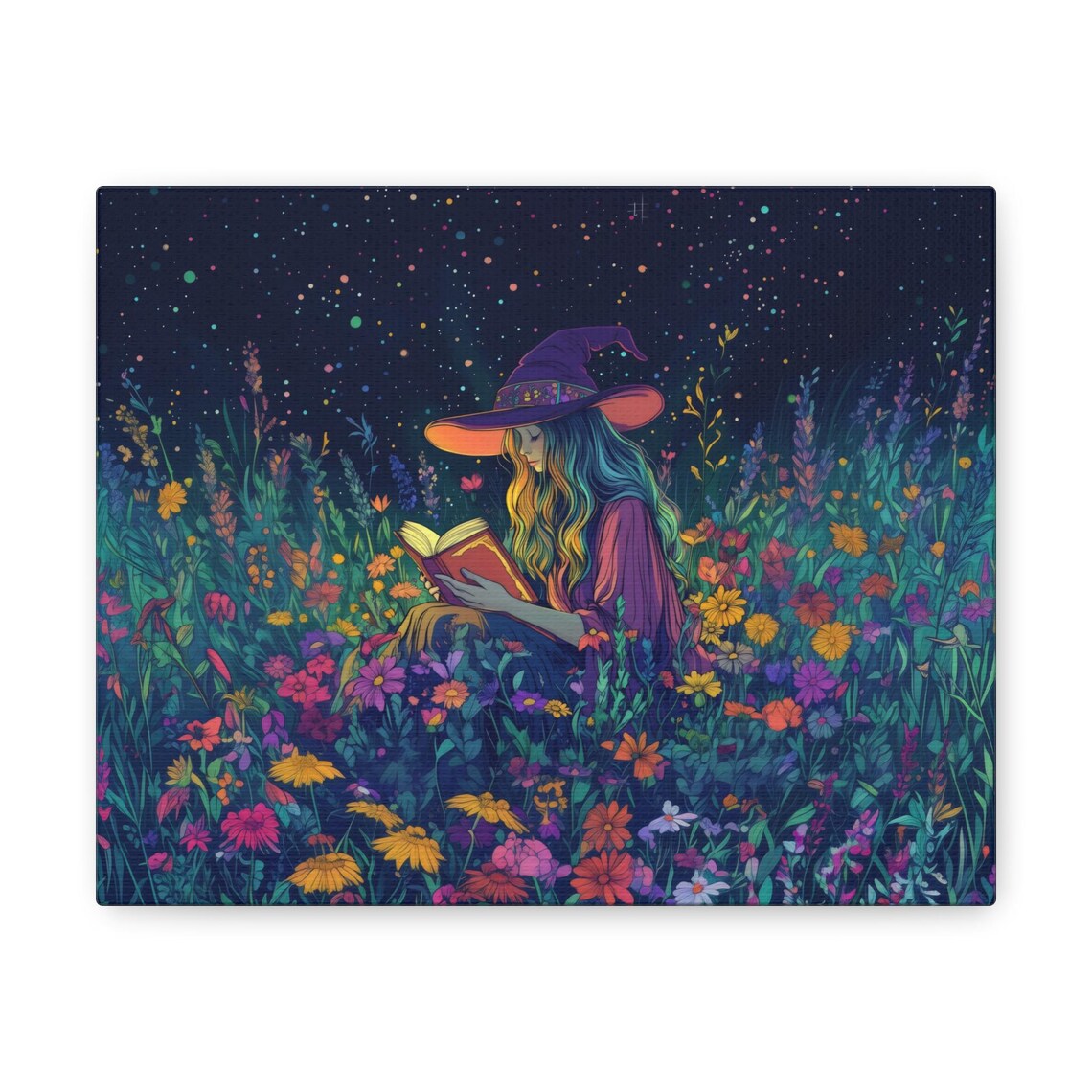 Magical Night Witch Reading a Glowing Book in Starlit Wildflowers Poster - Image 2