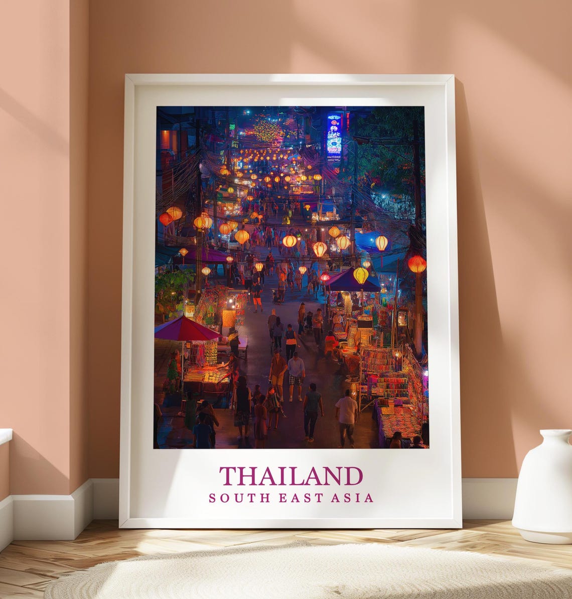 Thailand Night Market Crowd Lanterns Aerial View Travel Poster