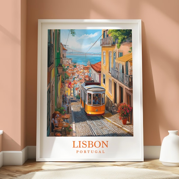 Lisbon Tram Cobblestone Street Portugal Travel Poster European City Art