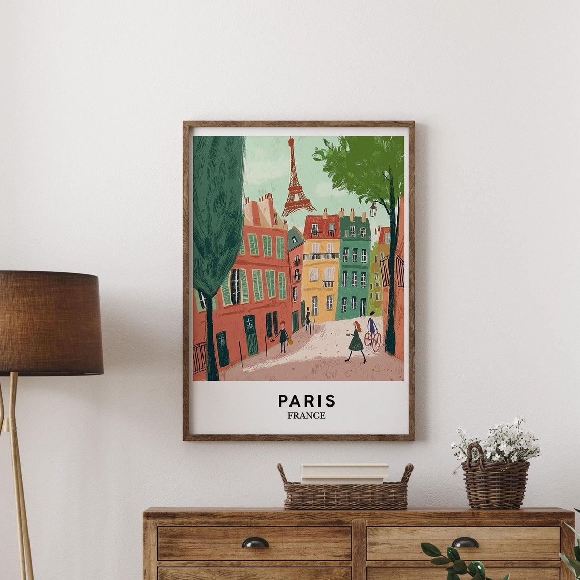 Paris France Eiffel Tower Gouache Street Scene Colorful Travel Poster