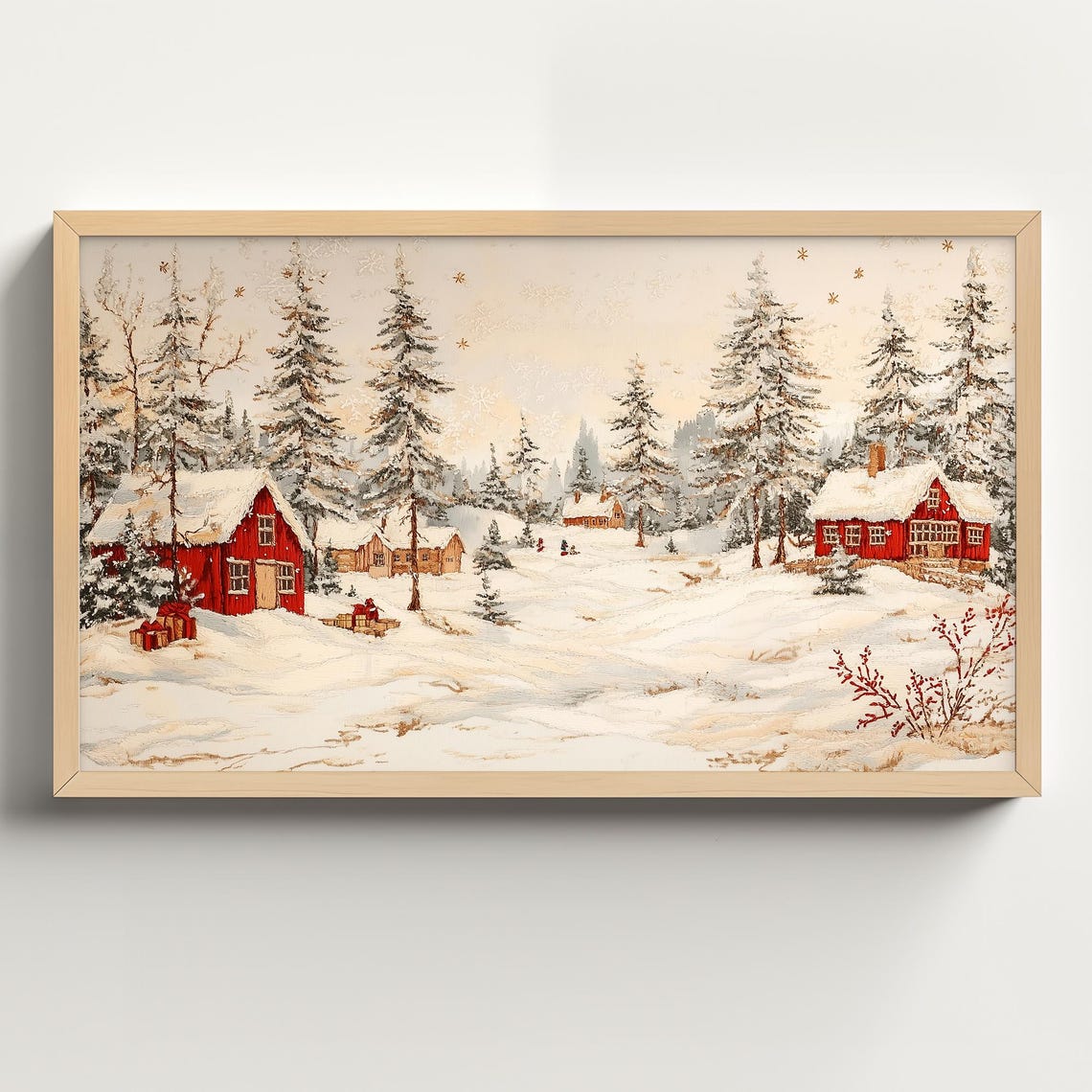 Red Barns in a Snowy Pine Forest Winter Village Christmas Poster