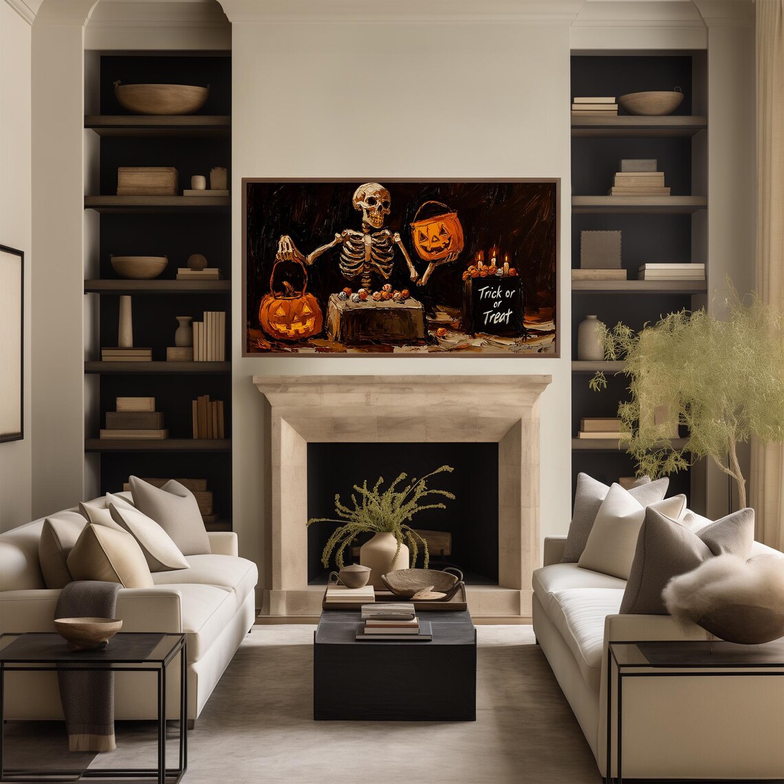 Skeleton Offering Candy Beside a Trick or Treat Sign Halloween Poster - Image 2