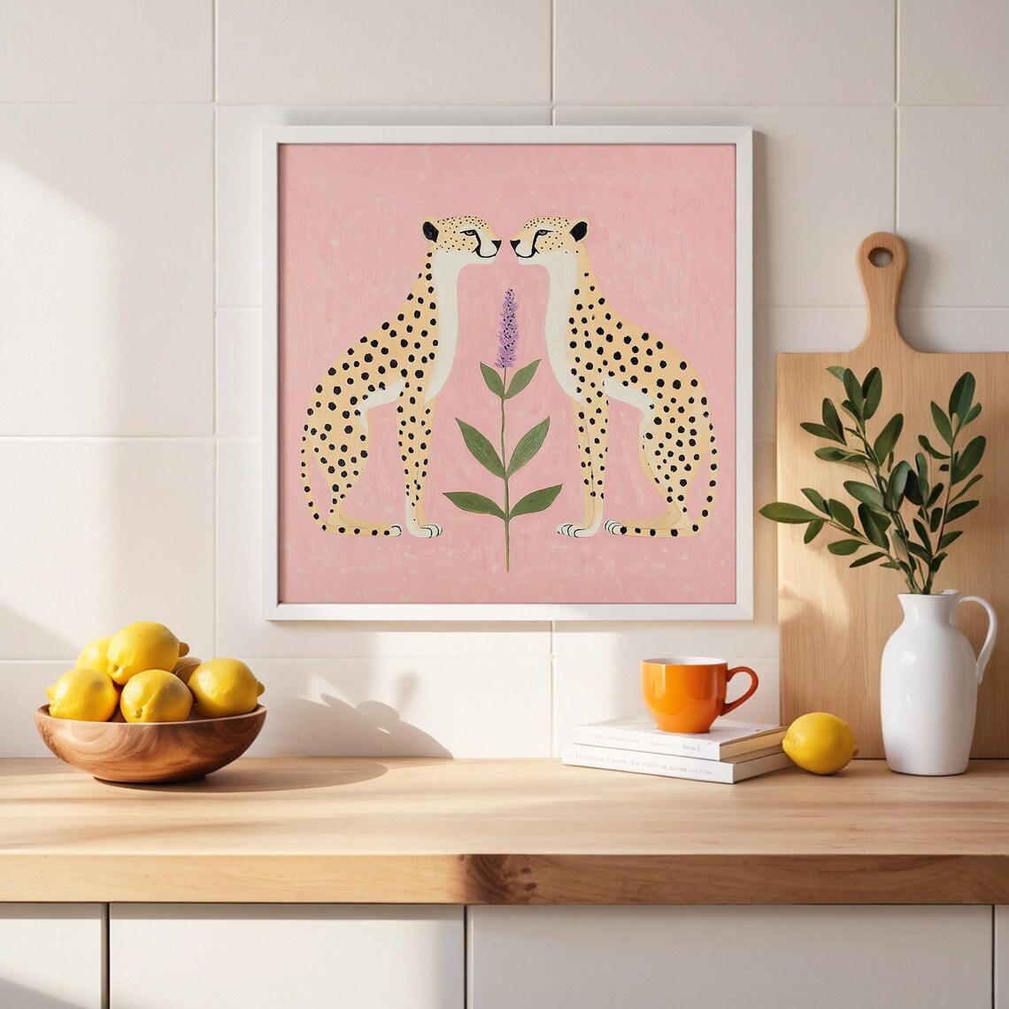 Pink Cheetah Couple Nose to Nose With Lavender on Blush Backdrop Poster - Image 2