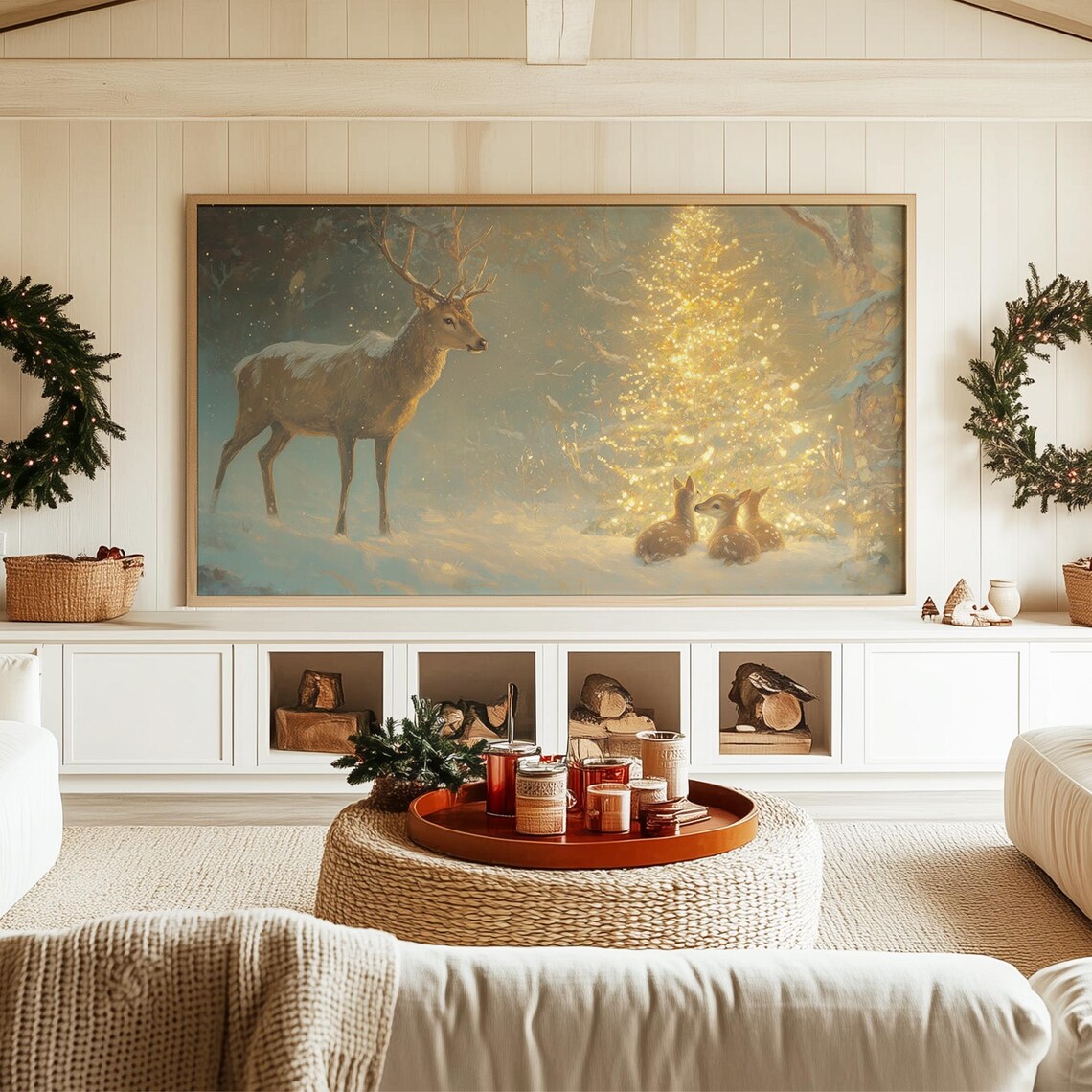 Deer and Fawns Gazing at a Glowing Christmas Tree in Snow Poster - Image 3