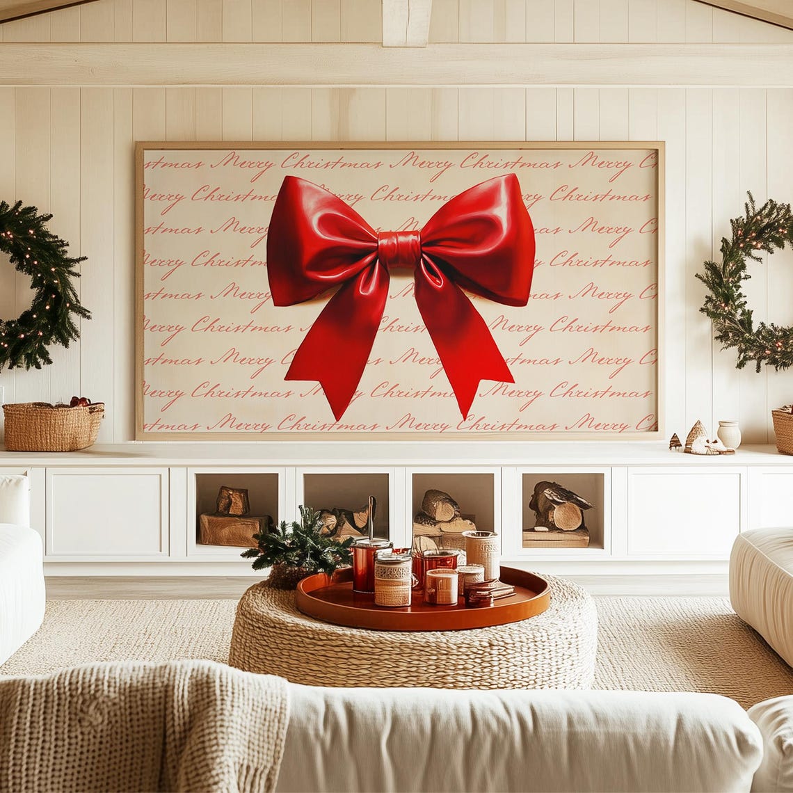Red Bow on Merry Christmas Script Gift Wrap Pattern Wall Art - Image 3