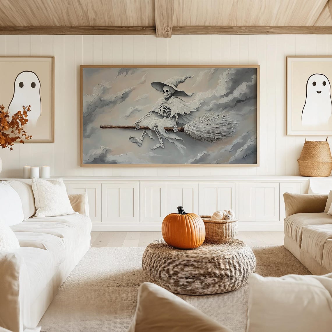 Skeleton Witch Flying on a Broomstick Through Gray Clouds Poster - Image 5