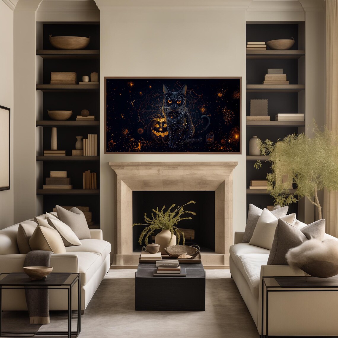 Black Cat With Glowing Jack O Lantern Under Starry Halloween Night Poster - Image 2