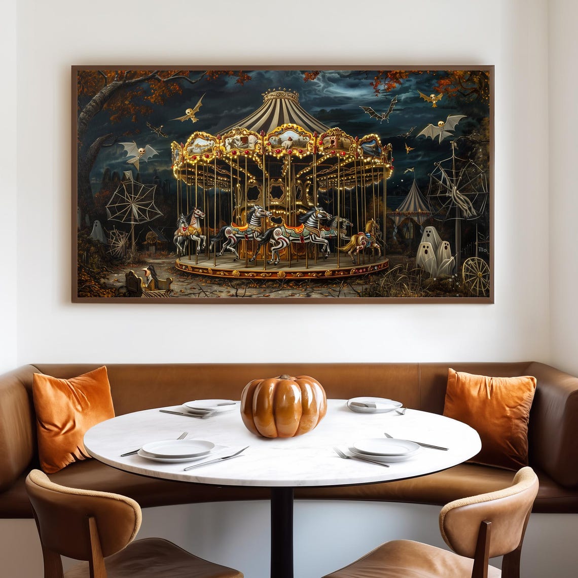Haunted Carousel at Night With Skeleton Horses Bats and Ghosts Poster - Image 4