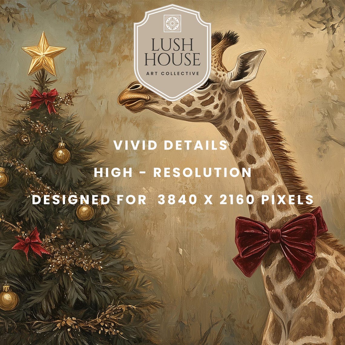 Giraffe Wearing a Red Bow Beside a Decorated Christmas Tree Poster - Image 2