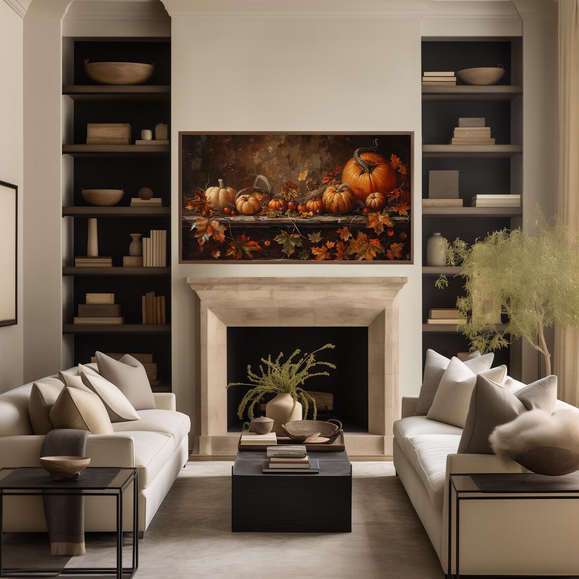Rustic Shelf Pumpkin Still Life Among Glowing Autumn Maple Leaves Poster - Image 2