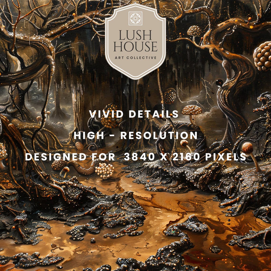 Dark Twisted Mushroom Forest with Gnarled Trees and Amber Moss Poster - Image 3