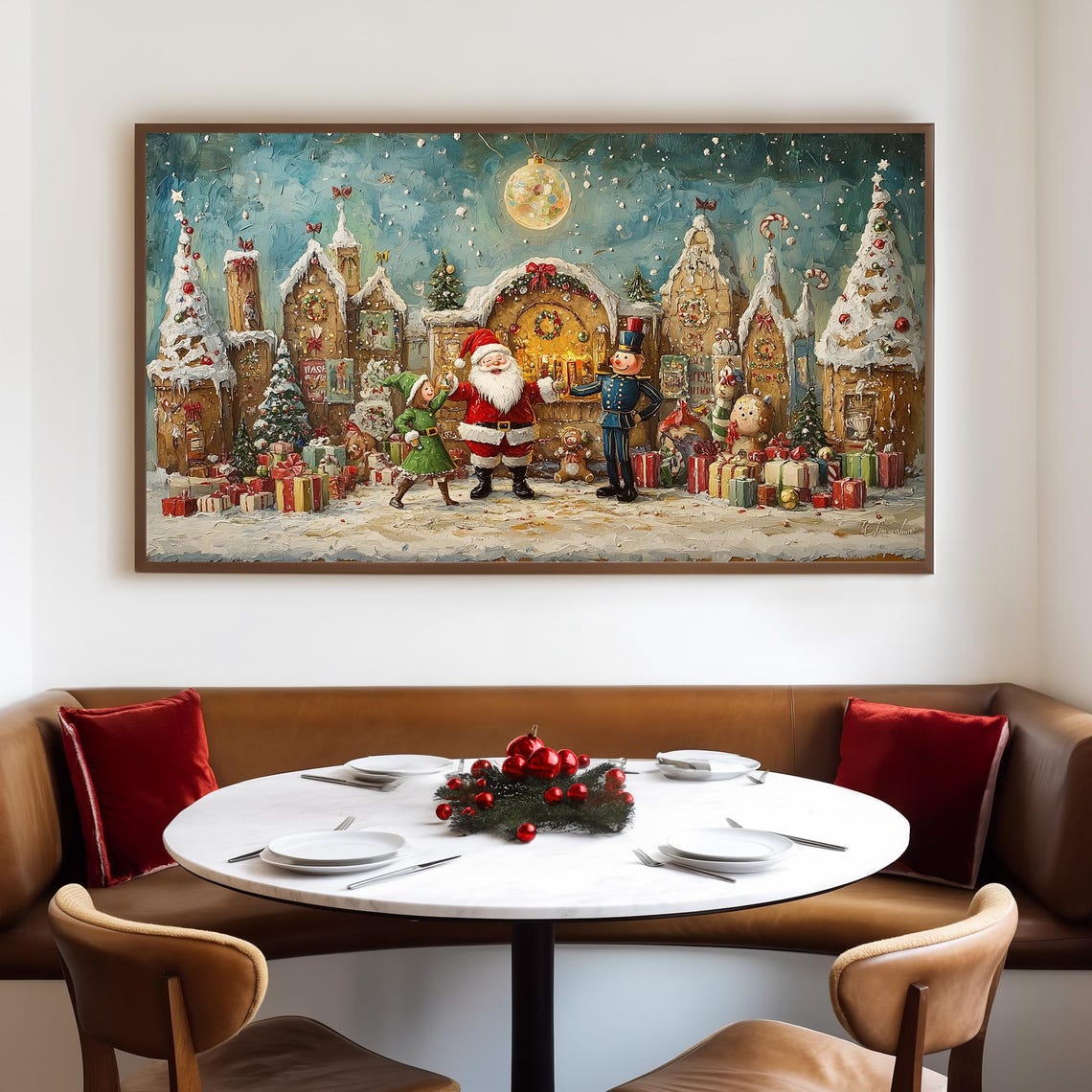 Santa Celebrating with an Elf and Nutcracker in a Candy Village Poster - Image 4